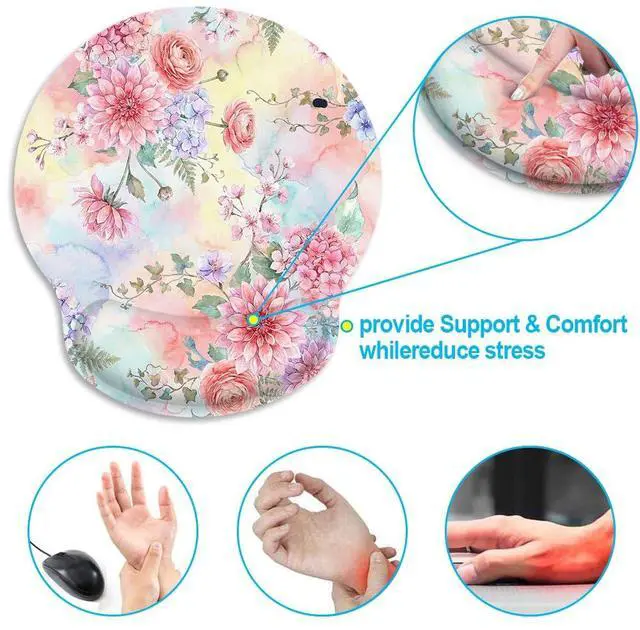 Alt view image 3 of 7 - Ergonomic Mouse Pad with Wrist Support Pink Flowers Peonies Floral Non-Slip Rubber Base Mousepad for Home Office Gaming Working Computers Laptop Easy Typing & Pain Relief