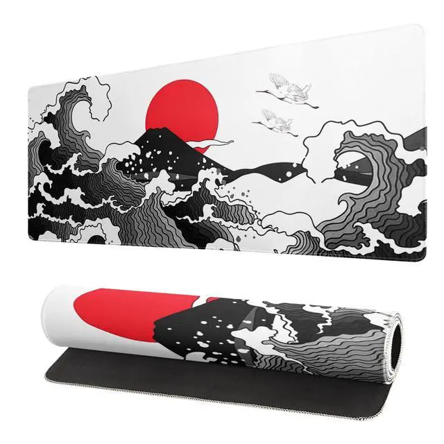 Main image of Red and Black Wave Gaming Mouse Pad Extended Large Mouse Mat Desk Pad Sea Texture Non-Slip Rubber Base Wave Mousepad Stitched Edges Keyboard Desk Pad for Office Home Game 31.5x11.8 Inch