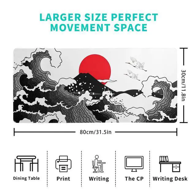 Alt view image 2 of 7 - Red and Black Wave Gaming Mouse Pad Extended Large Mouse Mat Desk Pad Sea Texture Non-Slip Rubber Base Wave Mousepad Stitched Edges Keyboard Desk Pad for Office Home Game 31.5x11.8 Inch