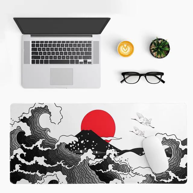 Alt view image 3 of 7 - Red and Black Wave Gaming Mouse Pad Extended Large Mouse Mat Desk Pad Sea Texture Non-Slip Rubber Base Wave Mousepad Stitched Edges Keyboard Desk Pad for Office Home Game 31.5x11.8 Inch