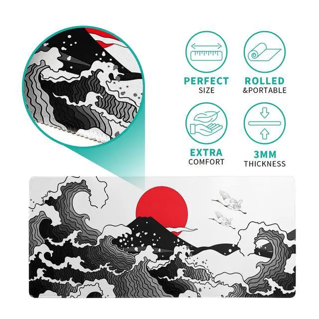 Alt view image 5 of 7 - Red and Black Wave Gaming Mouse Pad Extended Large Mouse Mat Desk Pad Sea Texture Non-Slip Rubber Base Wave Mousepad Stitched Edges Keyboard Desk Pad for Office Home Game 31.5x11.8 Inch