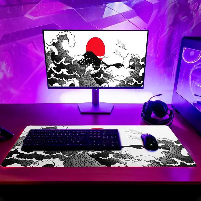 Alt view image 6 of 7 - Red and Black Wave Gaming Mouse Pad Extended Large Mouse Mat Desk Pad Sea Texture Non-Slip Rubber Base Wave Mousepad Stitched Edges Keyboard Desk Pad for Office Home Game 31.5x11.8 Inch