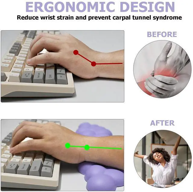 Alt view image 2 of 7 - Cloud Wrist Rest Keyboard, Ergonomic Cloud Keyboard Wrist Pad Set with PU Leather Memory Foam, Keyboard Pad and Mouse Wrist Support, Palm Support for PC & Gaming, Cute Arm Rest for Office Desk, Purple