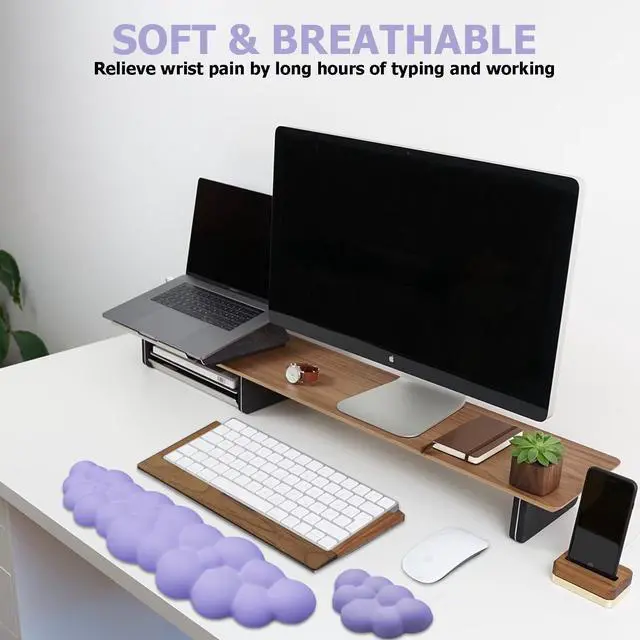 Alt view image 5 of 7 - Cloud Wrist Rest Keyboard, Ergonomic Cloud Keyboard Wrist Pad Set with PU Leather Memory Foam, Keyboard Pad and Mouse Wrist Support, Palm Support for PC & Gaming, Cute Arm Rest for Office Desk, Purple