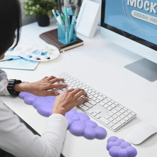 Alt view image 7 of 7 - Cloud Wrist Rest Keyboard, Ergonomic Cloud Keyboard Wrist Pad Set with PU Leather Memory Foam, Keyboard Pad and Mouse Wrist Support, Palm Support for PC & Gaming, Cute Arm Rest for Office Desk, Purple