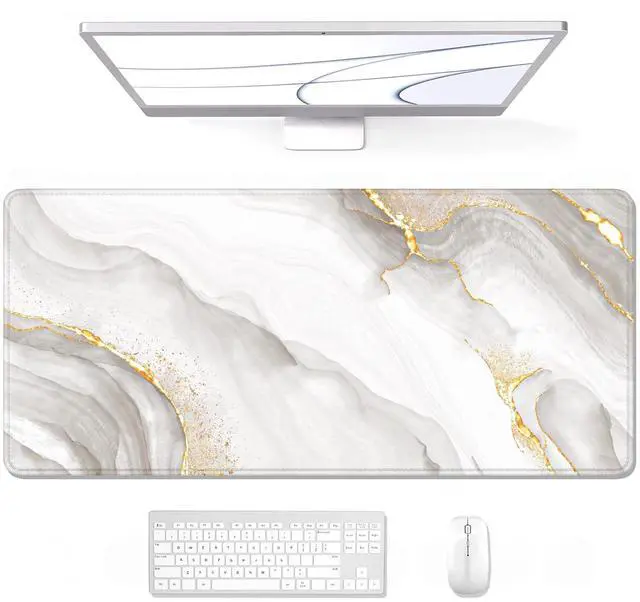 Main image of Large Mouse Pad, XXL Gaming Mousepad, Desk Mat for Desktop, Thick Rubber, Big & Long Size, Stitched Edges, Full Desk Pad for Laptop & Computer, Extended 35.4 x 15.7 in, Gold Gray Marble
