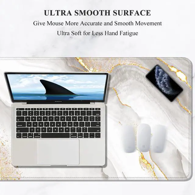 Alt view image 3 of 7 - Large Mouse Pad, XXL Gaming Mousepad, Desk Mat for Desktop, Thick Rubber, Big & Long Size, Stitched Edges, Full Desk Pad for Laptop & Computer, Extended 35.4 x 15.7 in, Gold Gray Marble
