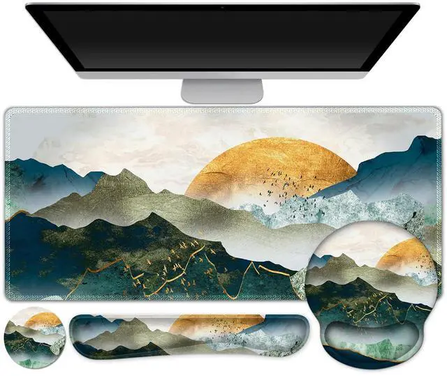 Main image of Gaming Mouse Pad, Large Desk Mat, Cute Desk Pad Protector, 4in1 XXL Mousepad +Keyboard Wrist Rest+Mouse Wrist Rest+Coaster Set with Ergonomic Desk Pad for Home Office Table Computer Green Mountain