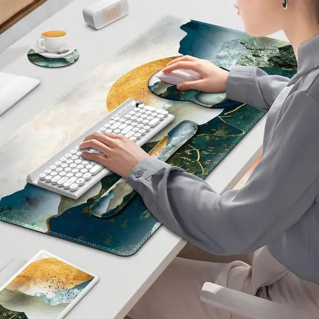 Alt view image 7 of 7 - Gaming Mouse Pad, Large Desk Mat, Cute Desk Pad Protector, 4in1 XXL Mousepad +Keyboard Wrist Rest+Mouse Wrist Rest+Coaster Set with Ergonomic Desk Pad for Home Office Table Computer Green Mountain