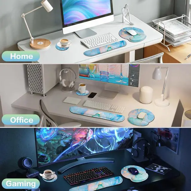 Alt view image 7 of 7 - Mouse Pad Blue, 3-in-1 Mouse Pad with Wrist Rest for Keyboard and Mouse, Gaming Mousepad with Anti-Skid Base,Ergonomic Memory Foam Keyboard Gel Wrist Rest, Office Desk Accessories for Women