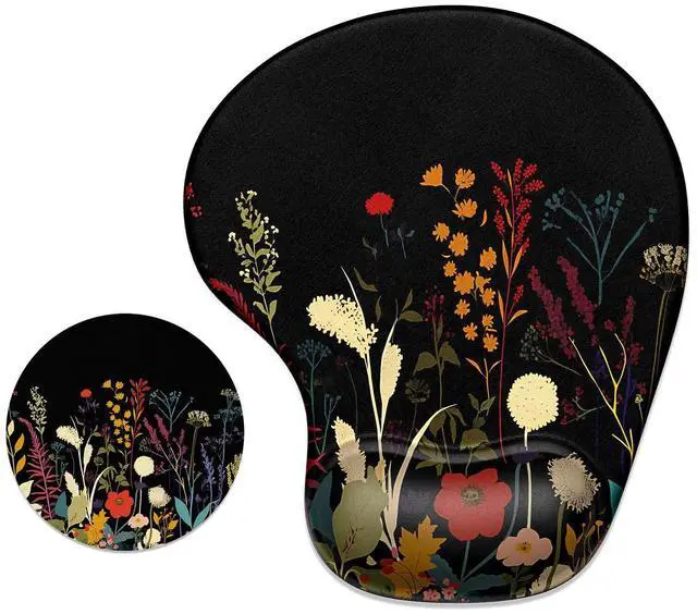 Main image of Ergonomic Mouse Pad Coaster Set with Gel Wrist Support Wrist Rest Smooth Surface Non-Slip PU Base Comfortable Office Supplies Pain Relief, 9.5 x 8.3 inches, Pretty Flowers Plants