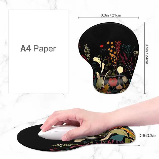 Alt view image 2 of 7 - Ergonomic Mouse Pad Coaster Set with Gel Wrist Support Wrist Rest Smooth Surface Non-Slip PU Base Comfortable Office Supplies Pain Relief, 9.5 x 8.3 inches, Pretty Flowers Plants