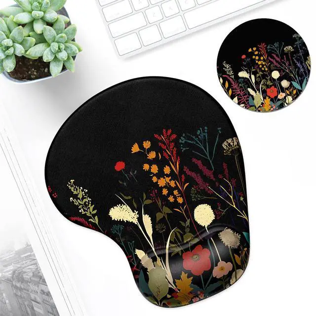 Alt view image 6 of 7 - Ergonomic Mouse Pad Coaster Set with Gel Wrist Support Wrist Rest Smooth Surface Non-Slip PU Base Comfortable Office Supplies Pain Relief, 9.5 x 8.3 inches, Pretty Flowers Plants