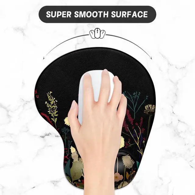 Alt view image 4 of 7 - Ergonomic Mouse Pad Coaster Set with Gel Wrist Support Wrist Rest Smooth Surface Non-Slip PU Base Comfortable Office Supplies Pain Relief, 9.5 x 8.3 inches, Pretty Flowers Plants