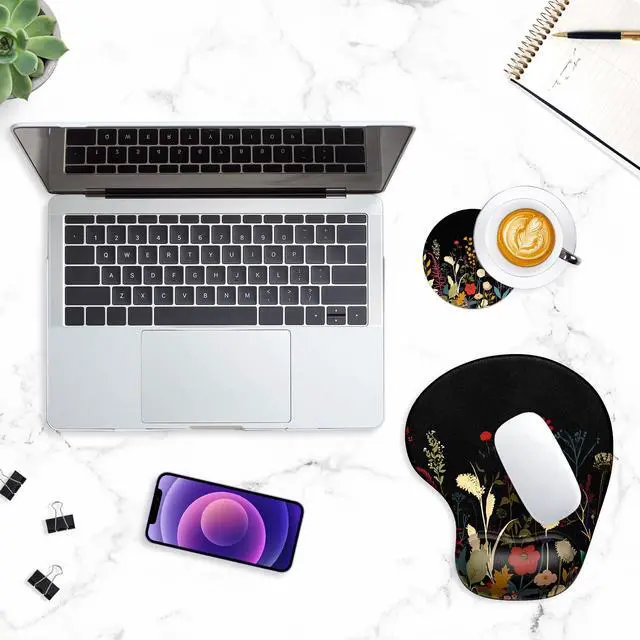 Alt view image 7 of 7 - Ergonomic Mouse Pad Coaster Set with Gel Wrist Support Wrist Rest Smooth Surface Non-Slip PU Base Comfortable Office Supplies Pain Relief, 9.5 x 8.3 inches, Pretty Flowers Plants