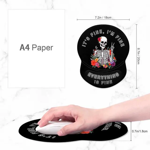 Alt view image 2 of 7 - Ergonomic Mouse Pad with Gel Wrist Support Small Wrist Rest Smooth Surface Non-Slip PU Base Comfortable Office Supplies Pain Relief, 8.7 x 7.2 inches, Flower Skull