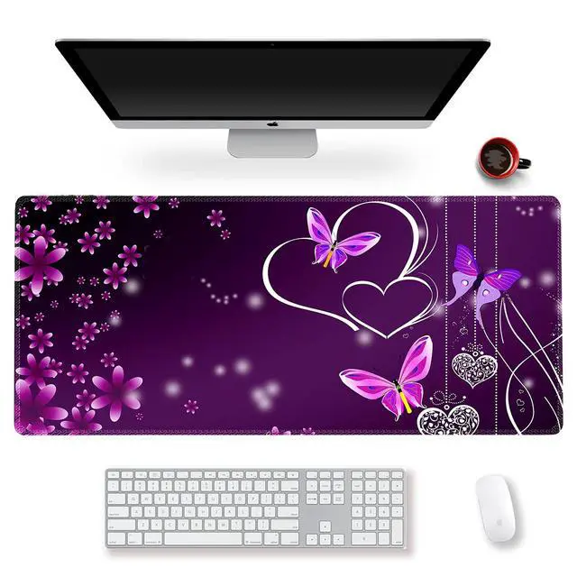 Main image of Gaming Mouse Pad XXL ArtSo Large Keyboard Mat Long Mousepad Desk Decor Writing Pad Non Slip Rubber Base Stitched Edges for Work, Game, Office, Home, 35.1" x 15.7", Purple Heart Butterfly