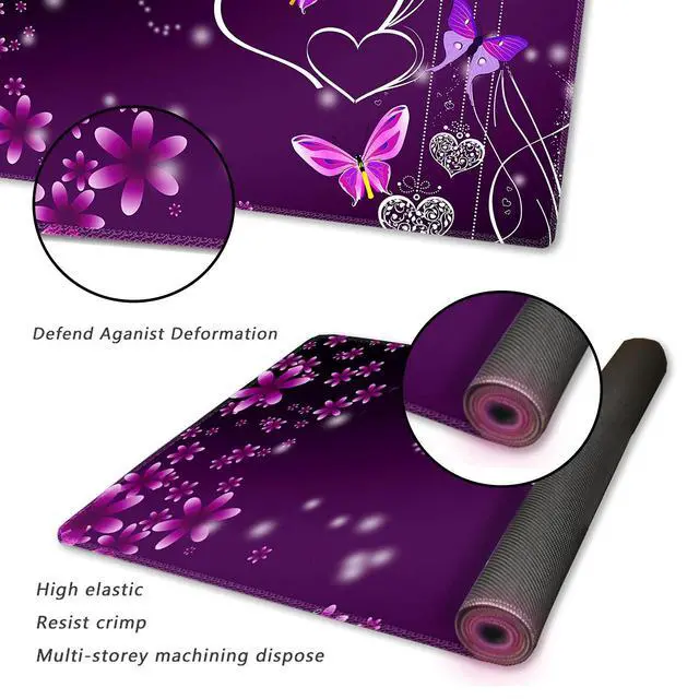 Alt view image 2 of 7 - Gaming Mouse Pad XXL ArtSo Large Keyboard Mat Long Mousepad Desk Decor Writing Pad Non Slip Rubber Base Stitched Edges for Work, Game, Office, Home, 35.1" x 15.7", Purple Heart Butterfly