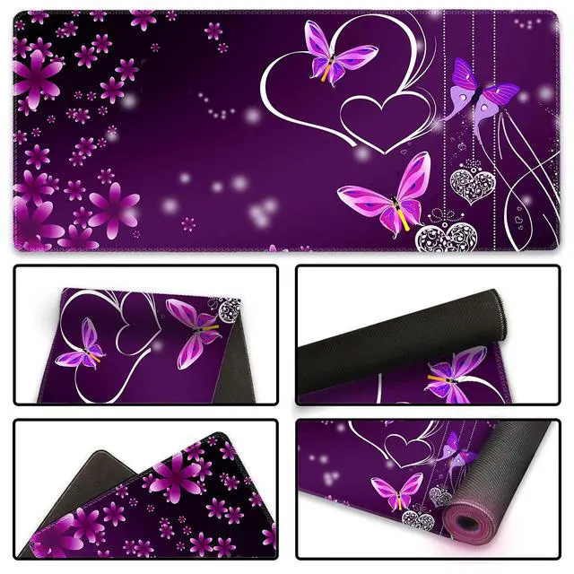 Alt view image 4 of 7 - Gaming Mouse Pad XXL ArtSo Large Keyboard Mat Long Mousepad Desk Decor Writing Pad Non Slip Rubber Base Stitched Edges for Work, Game, Office, Home, 35.1" x 15.7", Purple Heart Butterfly