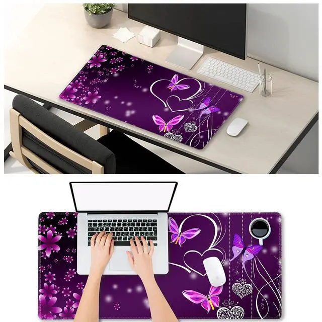 Alt view image 6 of 7 - Gaming Mouse Pad XXL ArtSo Large Keyboard Mat Long Mousepad Desk Decor Writing Pad Non Slip Rubber Base Stitched Edges for Work, Game, Office, Home, 35.1" x 15.7", Purple Heart Butterfly