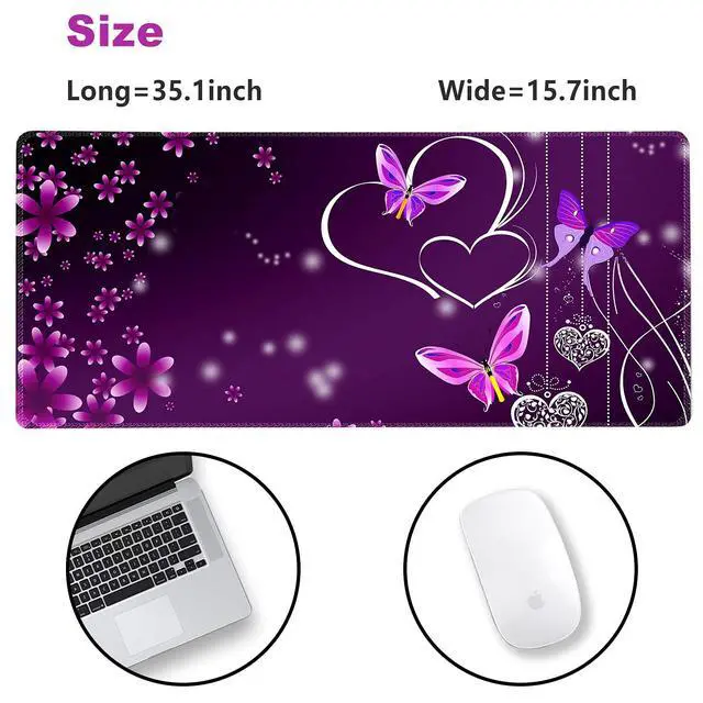 Alt view image 7 of 7 - Gaming Mouse Pad XXL ArtSo Large Keyboard Mat Long Mousepad Desk Decor Writing Pad Non Slip Rubber Base Stitched Edges for Work, Game, Office, Home, 35.1" x 15.7", Purple Heart Butterfly