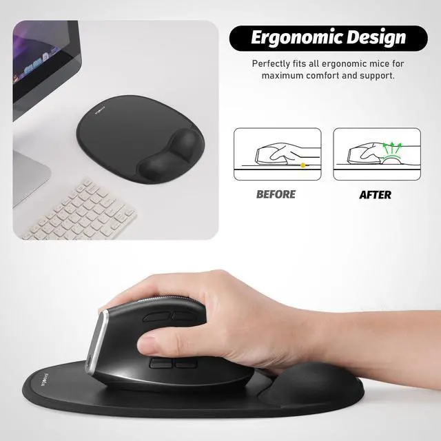 Alt view image 3 of 7 - Ergonomic Mouse Pad with Skin-Friendly Lycra Memory Foam Wrist Rest, Easy-to-Clean Smooth PP Surface, and Non-Slip PU Base Ideal for Vertical, Ergonomic, and Office Mice (Jet Black)
