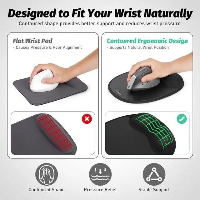 Alt view image 4 of 7 - Ergonomic Mouse Pad with Skin-Friendly Lycra Memory Foam Wrist Rest, Easy-to-Clean Smooth PP Surface, and Non-Slip PU Base Ideal for Vertical, Ergonomic, and Office Mice (Jet Black)