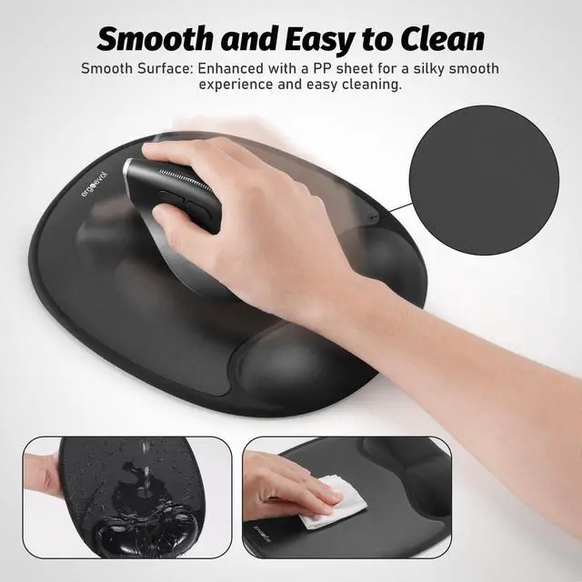 Alt view image 5 of 7 - Ergonomic Mouse Pad with Skin-Friendly Lycra Memory Foam Wrist Rest, Easy-to-Clean Smooth PP Surface, and Non-Slip PU Base Ideal for Vertical, Ergonomic, and Office Mice (Jet Black)