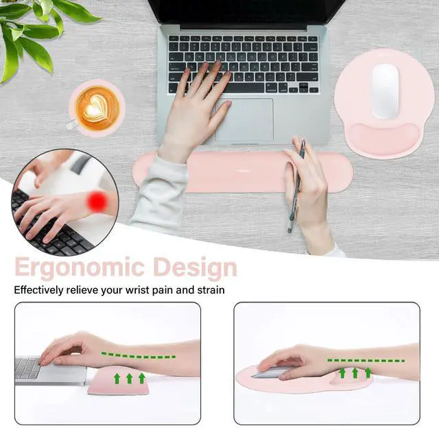 Alt view image 3 of 7 - Wrist Rest Support for Mouse Pad&Keyboard Set, Circle Curved Ergonomic Mousepad&Coaster Non-Slip Base Home/Office Pain Relief&Easy Typing Pad with Soft Cloth&Silicone Lining, Chalk Pink
