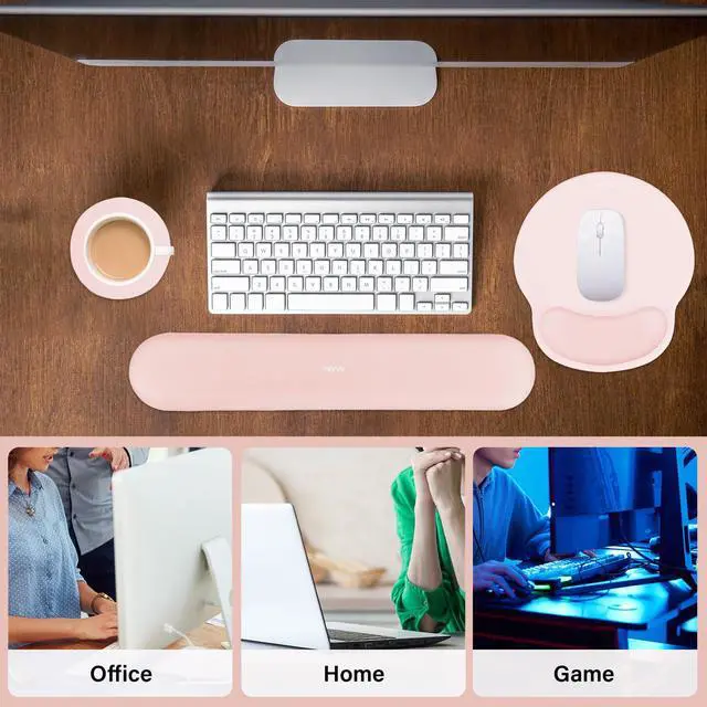 Alt view image 6 of 7 - Wrist Rest Support for Mouse Pad&Keyboard Set, Circle Curved Ergonomic Mousepad&Coaster Non-Slip Base Home/Office Pain Relief&Easy Typing Pad with Soft Cloth&Silicone Lining, Chalk Pink