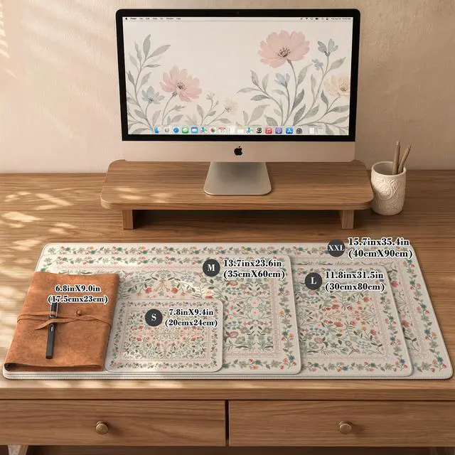 Alt view image 2 of 7 - Aesthetic Flower Mouse pad for Laptop, Desk Pad Mat, Desk Matt for Desktop 13.7"x23.6", Anti-Slip Mousepad with Stitched Edges for Laptop Computer Keyboard(Beige)