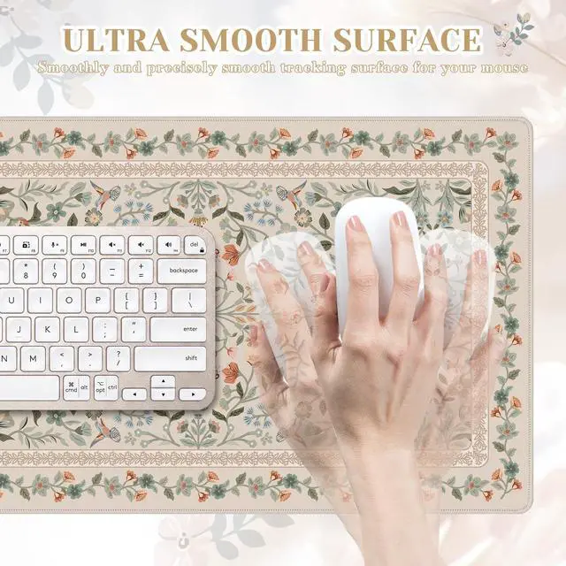 Alt view image 3 of 7 - Aesthetic Flower Mouse pad for Laptop, Desk Pad Mat, Desk Matt for Desktop 13.7"x23.6", Anti-Slip Mousepad with Stitched Edges for Laptop Computer Keyboard(Beige)