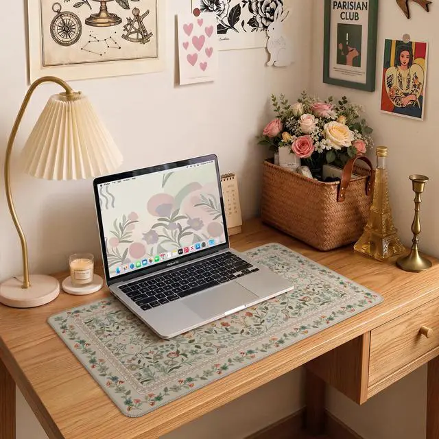 Alt view image 6 of 7 - Aesthetic Flower Mouse pad for Laptop, Desk Pad Mat, Desk Matt for Desktop 13.7"x23.6", Anti-Slip Mousepad with Stitched Edges for Laptop Computer Keyboard(Beige)