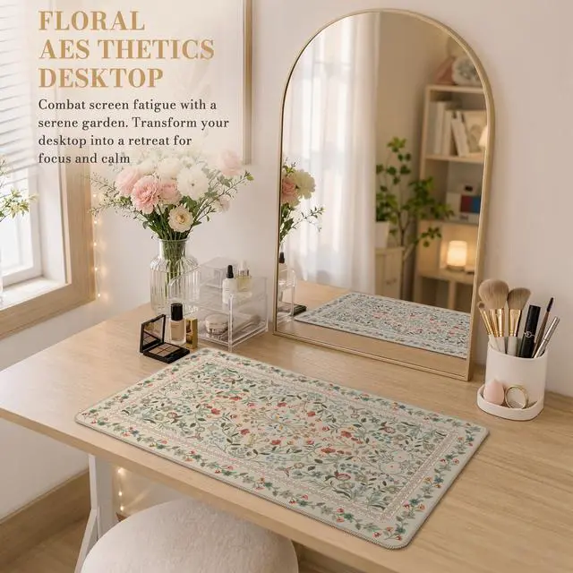Alt view image 7 of 7 - Aesthetic Flower Mouse pad for Laptop, Desk Pad Mat, Desk Matt for Desktop 13.7"x23.6", Anti-Slip Mousepad with Stitched Edges for Laptop Computer Keyboard(Beige)