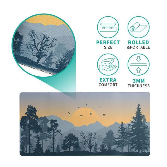 Alt view image 5 of 7 - Mountain Gaming Mouse Pad 27.6x11.8 Inch Forest Large Mousepad Extended Grey Mousepad Gaming Non-Slip Rubber Base Stitched Edges Keyboard Mouse Mat Desk Pad for Office Home and Game
