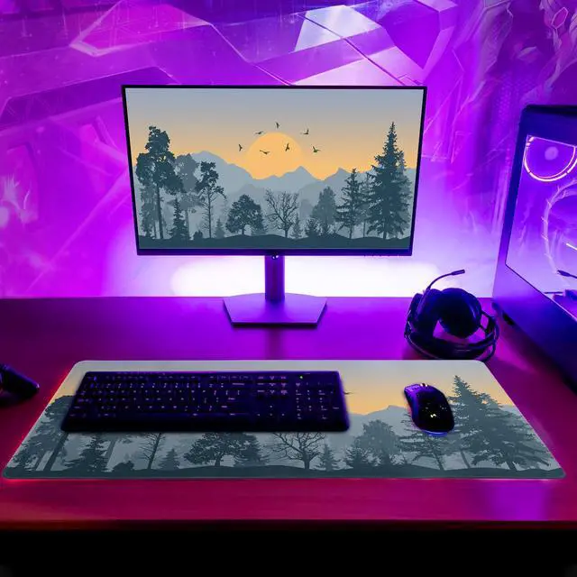 Alt view image 6 of 7 - Mountain Gaming Mouse Pad 27.6x11.8 Inch Forest Large Mousepad Extended Grey Mousepad Gaming Non-Slip Rubber Base Stitched Edges Keyboard Mouse Mat Desk Pad for Office Home and Game