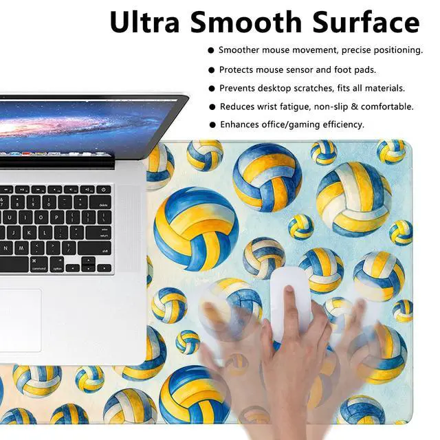 Alt view image 3 of 5 - Volleyball Mouse Pad 15.7 x 29.5 in - Extended XL Desk Mat, Non-Slip Rubber Base, 3mm Thick, Stitched Edges, Watercolor Blue Yellow Keyboard & Mouse Pad for Gaming Home Office