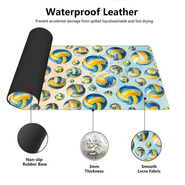 Alt view image 4 of 5 - Volleyball Mouse Pad 15.7 x 29.5 in - Extended XL Desk Mat, Non-Slip Rubber Base, 3mm Thick, Stitched Edges, Watercolor Blue Yellow Keyboard & Mouse Pad for Gaming Home Office