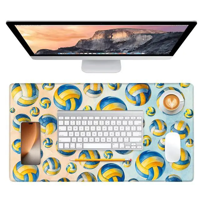 Alt view image 5 of 5 - Volleyball Mouse Pad 15.7 x 29.5 in - Extended XL Desk Mat, Non-Slip Rubber Base, 3mm Thick, Stitched Edges, Watercolor Blue Yellow Keyboard & Mouse Pad for Gaming Home Office