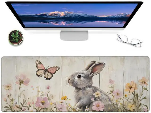Main image of Floral Bunny Gaming Mouse Pad 12x31.5in Large Extended Desk Mat with Cute Rabbit and Butterfly Design Non-Slip Rubber Mousepad for Office Home Deskmat Gifts for Animal Lovers Decor