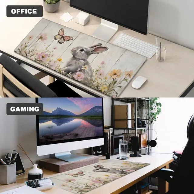 Alt view image 3 of 6 - Floral Bunny Gaming Mouse Pad 12x31.5in Large Extended Desk Mat with Cute Rabbit and Butterfly Design Non-Slip Rubber Mousepad for Office Home Deskmat Gifts for Animal Lovers Decor