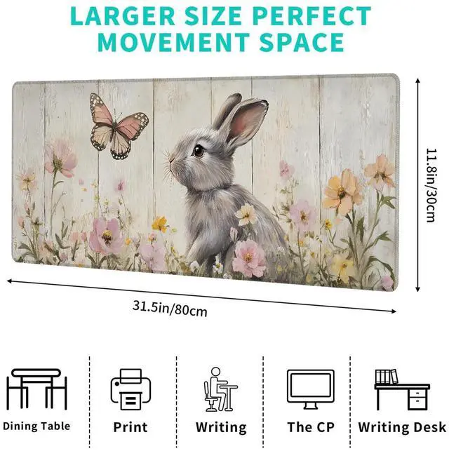 Alt view image 2 of 6 - Floral Bunny Gaming Mouse Pad 12x31.5in Large Extended Desk Mat with Cute Rabbit and Butterfly Design Non-Slip Rubber Mousepad for Office Home Deskmat Gifts for Animal Lovers Decor