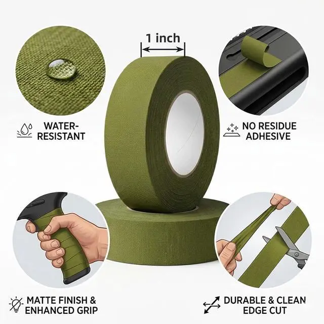 Alt view image 2 of 7 - Gun Grip Tape, Non-Reflective, No Residue Goon Grip Tactical Tape for Pistol, Handgun, Rifle, Sports, Tool, Pull Up Bars, Handles, Bats, Rackets, Gym Equipment, Handrails (OD Green)