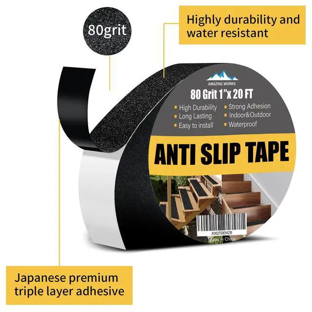 Alt view image 2 of 7 - Heavy Duty Anti Slip Tape 80 Grit Non Slip for Stairs Outdoor/Indoor, Waterproof High Traction Stairs Non Skid Treads, Durable Triple Layer Adhesive - Black (1 Inch x 20 Feet)