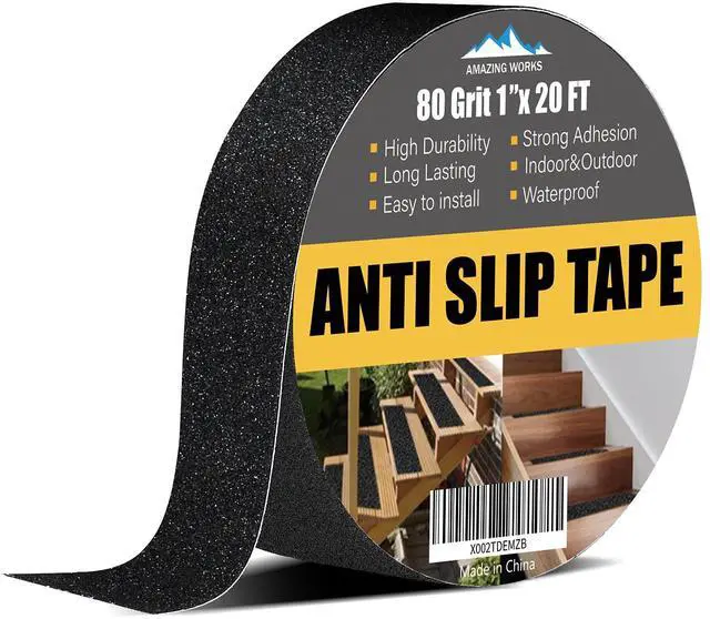 Main image of Heavy Duty Anti Slip Tape 80 Grit Non Slip for Stairs Outdoor/Indoor, Waterproof High Traction Stairs Non Skid Treads, Durable Triple Layer Adhesive - Black (1 Inch x 20 Feet)