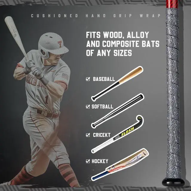 Alt view image 2 of 7 - Bat Grip Tape for Baseball Softball, 1.1mm 40.16'' Pro Feel Full Adhesive Back Baseball Bat Grip, Black-Gray Wrap (2 Packs)