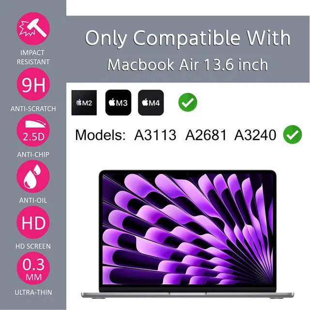 Alt view image 2 of 7 - Tempered Glass Screen Protector for MacBook Air 13.6 Inch, Compatible with 2026-2022 Models (A3449/A3240/A3113/A2681) & M5/M4/M3/M2 Chip, 9H Hardness, Bubble Free, Anti Fingerprint