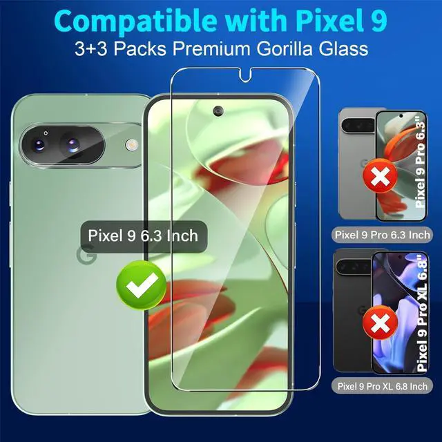 Alt view image 2 of 7 - Pack for Google Pixel 9 Screen Protector Tempered Glass + 3 Pack Camera Lens Protector, Military Grade Shatterproof, 9H Hardness, Fingerprint Unlock,Case Friendly 6.3 Inch