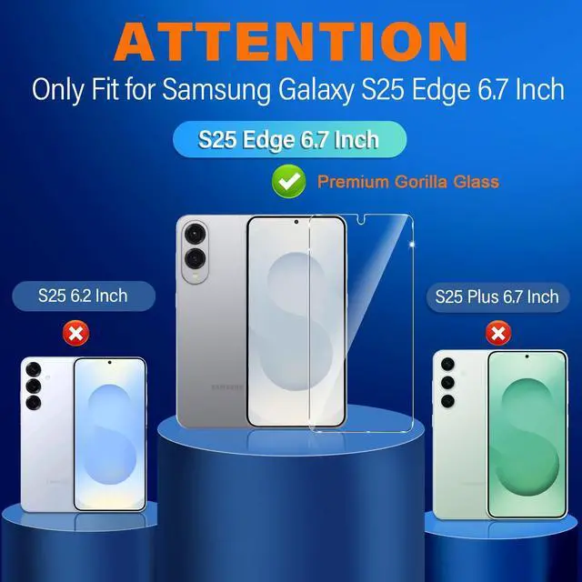 Alt view image 2 of 7 - Pack for Samsung Galaxy S25 Edge Screen Protector Tempered Glass + 3 Pack Camera Lens Protector, Military Grade Shatterproof, 9H Hardness, Fingerprint Unlock, Case Friendly 6.7 Inch