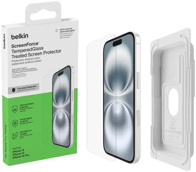 Main image of ScreenForce TemperedGlass Treated Screen Protector for iPhone 16, 15 and 14 Pro - Slim & Scratch-Resistant - Includes Easy Align Tray for Bubble Free Application